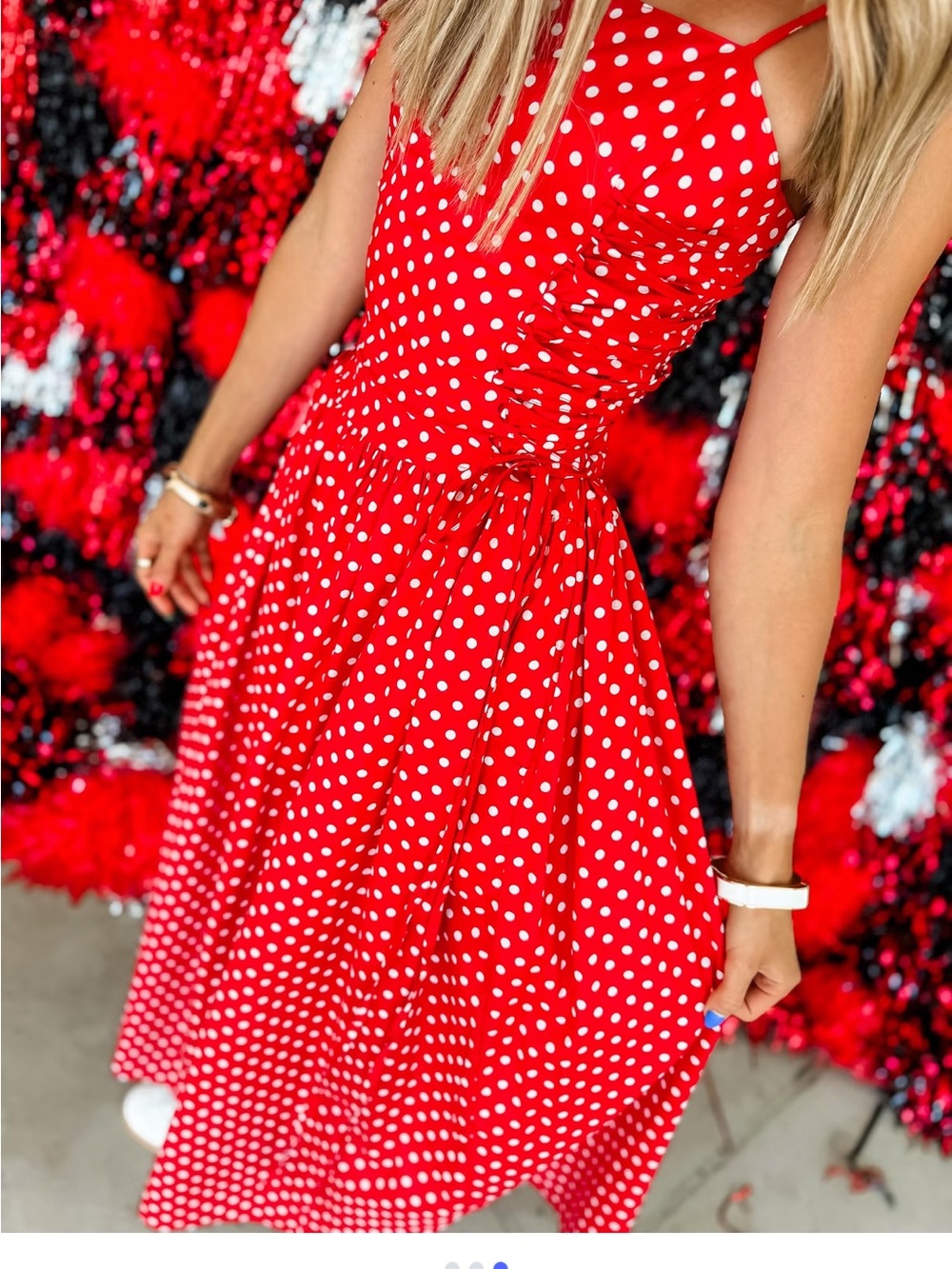 NWT Day + Moon Red Polka Dot Midi Dress Classic Spaghetti Strap Size M Game Day